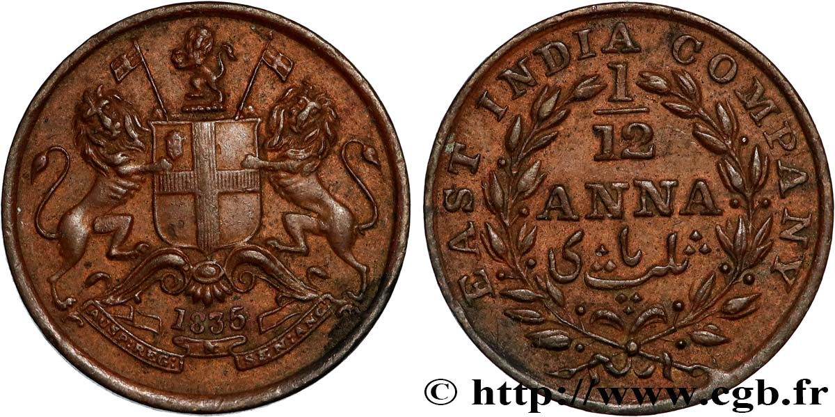 INDES BRITANNIQUES 1/12 Anna East India Company 1835 Madras TTB+ 