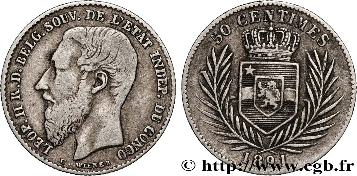 CONGO FREE STATE 50 Centimes Léopold II 1891  XF/AU 