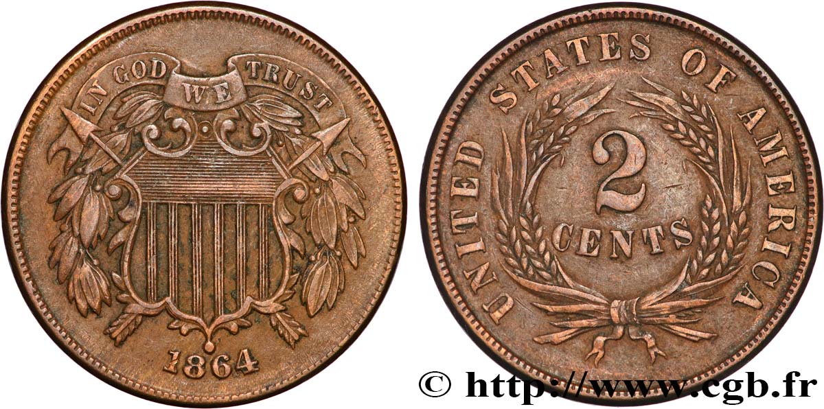 ÉTATS-UNIS D AMÉRIQUE 2 Cents - Union Shield 1864 Philadelphie TTB 