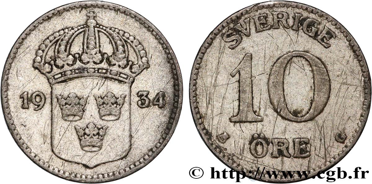 SUÈDE 10 Ore Gustave V 1934  TTB 