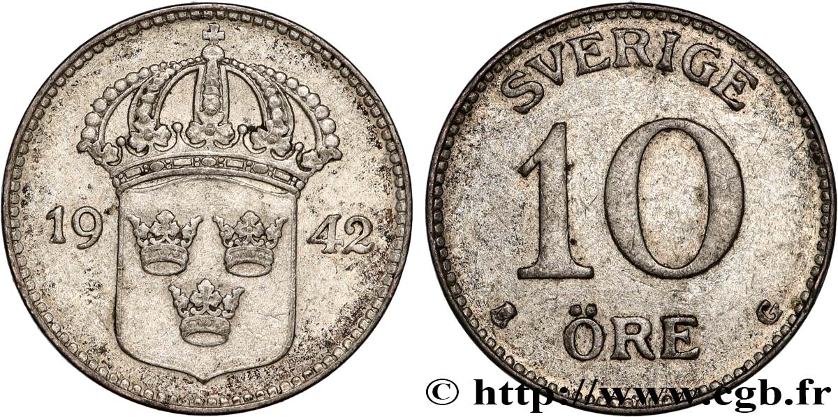 SWEDEN 10 Ore Gustave V 1942  XF 