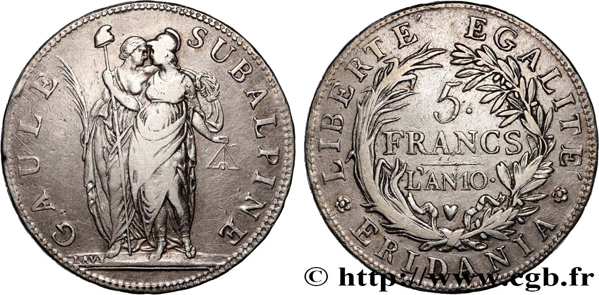 ITALIA - GALLIA SUBALPINA 5 Francs an 10 1802 Turin MBC 