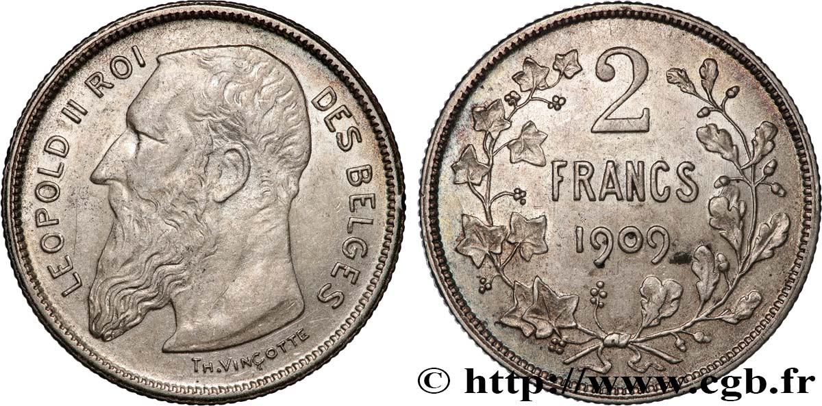 BELGIQUE - ROYAUME DE BELGIQUE - LÉOPOLD II 2 Francs légende française 1909  TTB+ 