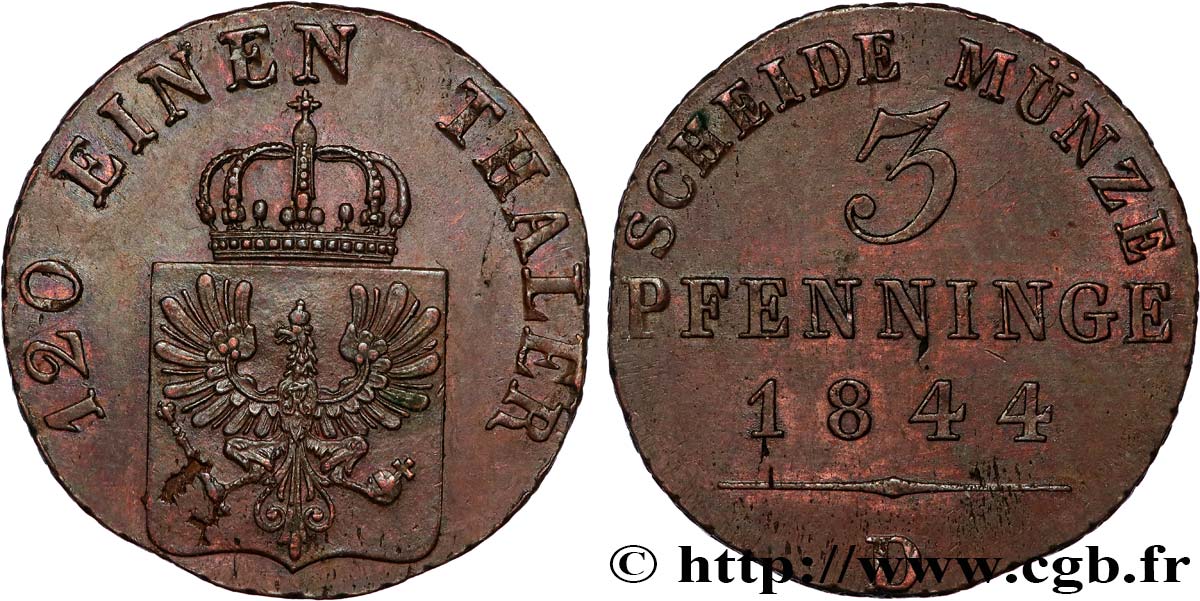 GERMANIA - PRUSSIA 3 Pfenninge Royaume de Prusse écu à l’aigle 1844 Düsseldorf q.SPL 