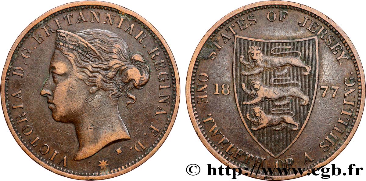 ISLA DE JERSEY 1/12 Shilling Victoria 1877 Heaton BC+ 