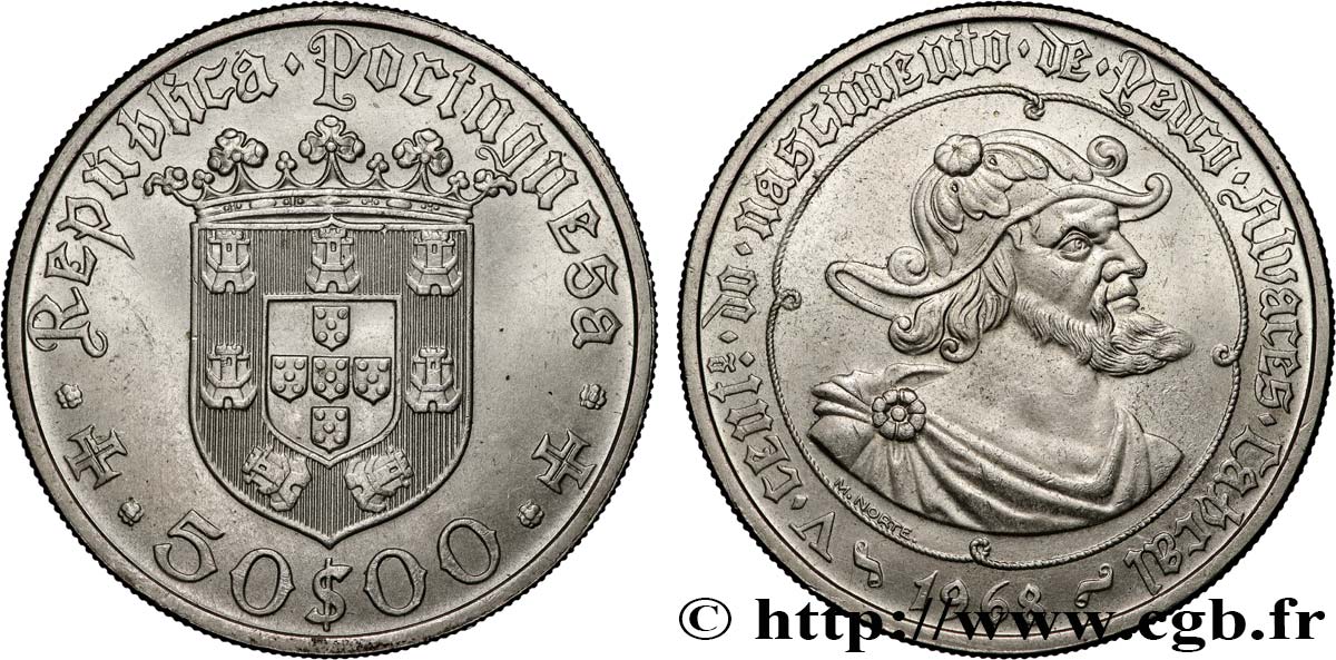 PORTUGAL 50 Escudos 500e anniversaire de la naissance de Pedro Alvares Cabral 1968  AU 