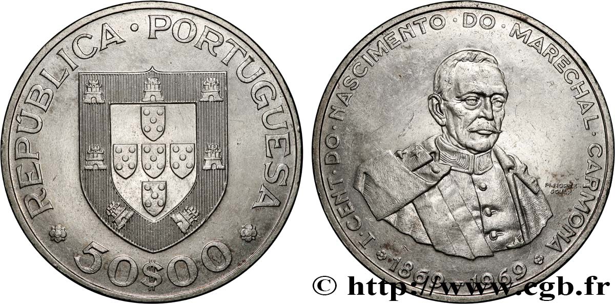 PORTOGALLO 50 Escudos Maréchal Oscar Carmona président de la République (1933-1951) 1969  SPL 