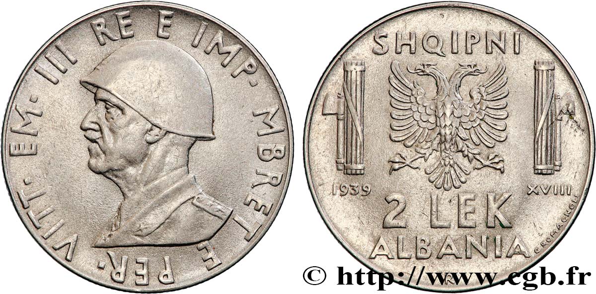 ALBANIA 2 Lek Victor-Emmanuel III d’Italie 1939 Rome BB 
