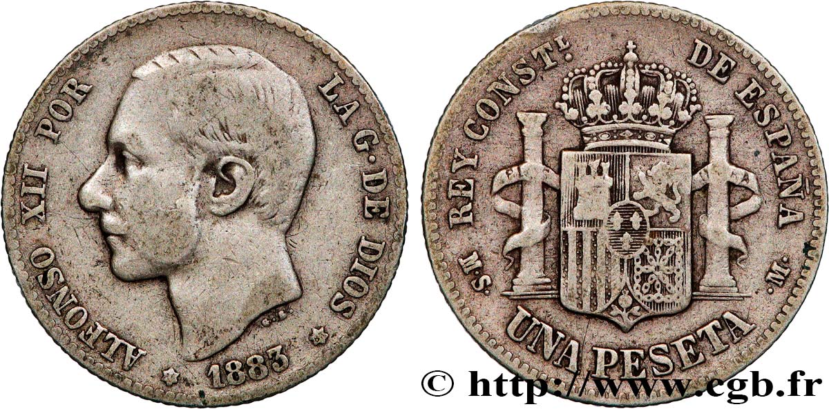 ESPAGNE 1 Peseta Alphonse XII 1883 Madrid TB 