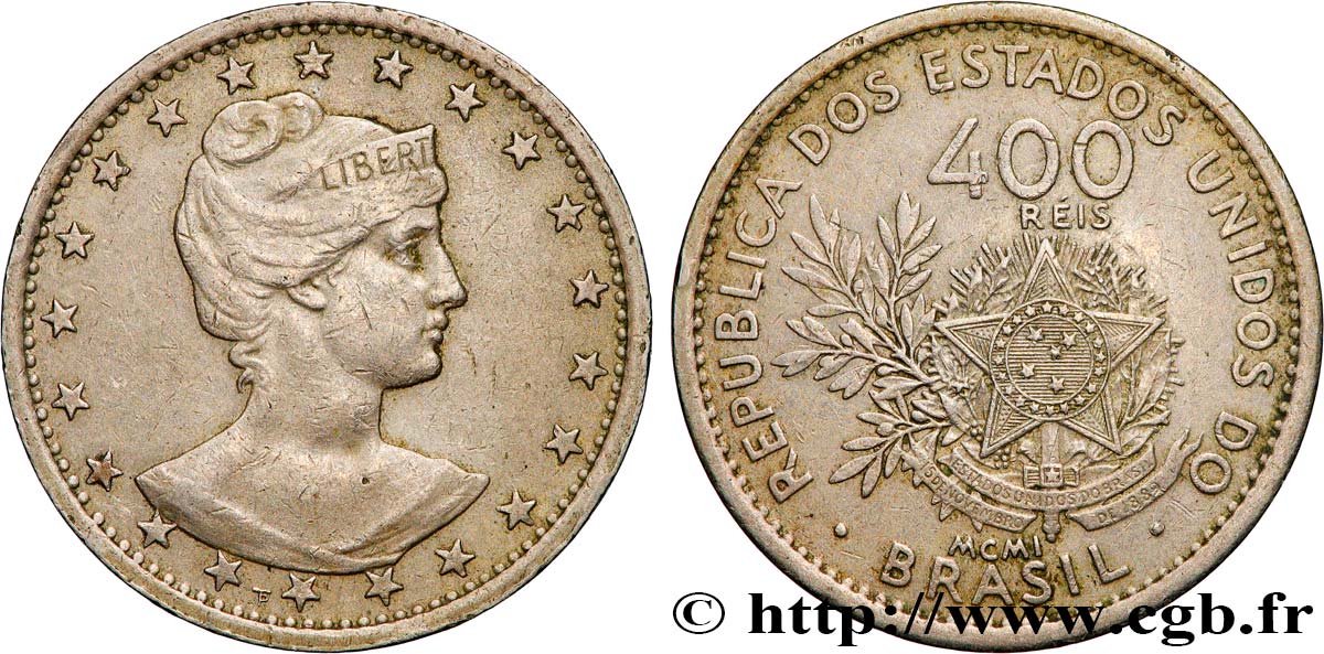 BRAZIL 400 Reis 1901  XF 