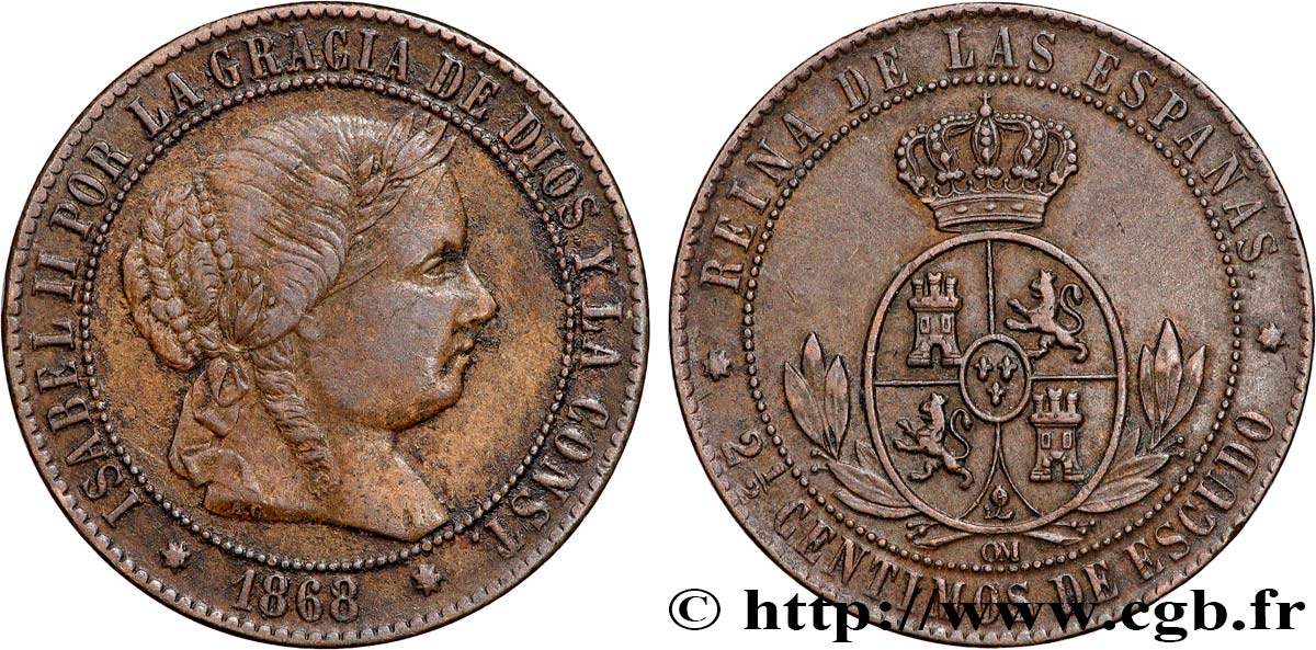 ESPAGNE 2 1/2 Centimos de Escudo Isabelle II 1868 Oeschger Mesdach & CO TTB 