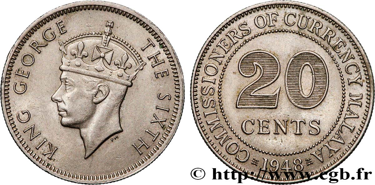 MALESIA 20 Cents Commission Monétaire de Malaisie Georges VI 1948 Royal Mint Londres SPL 