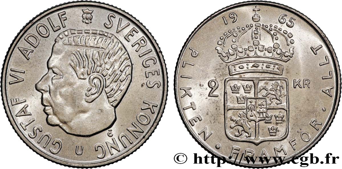 SCHWEDEN 2 Kronor Gustave V 1965  VZ 