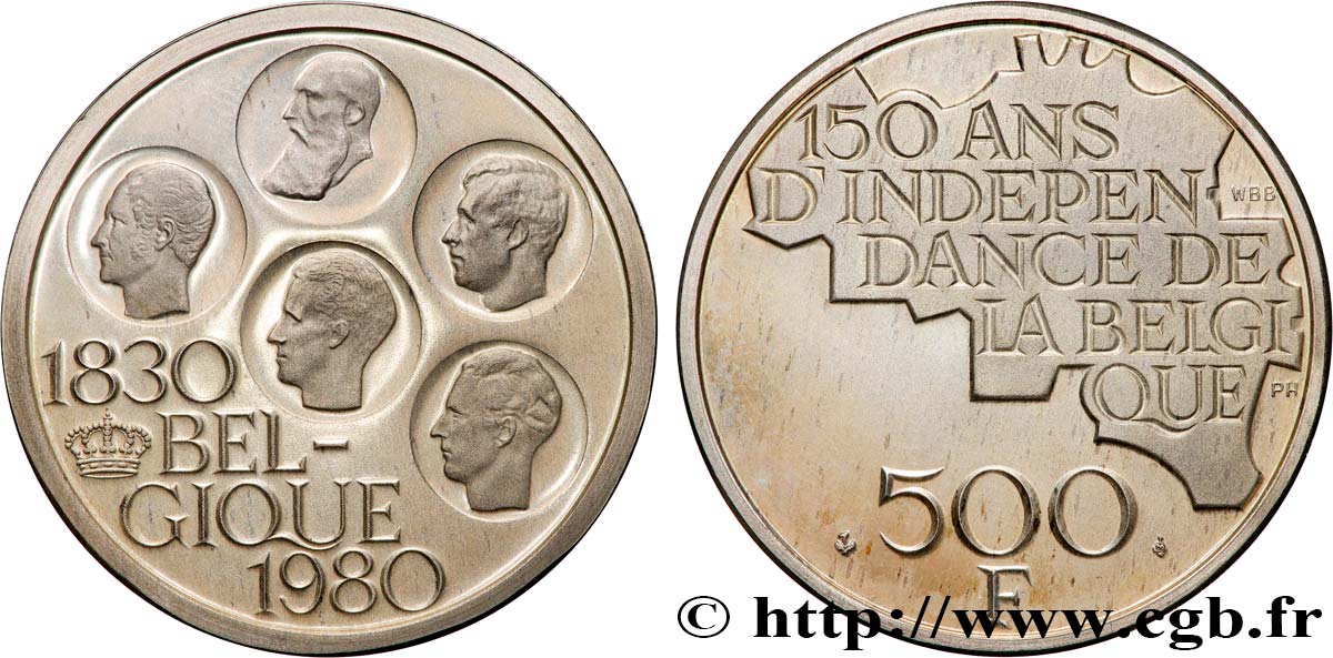 BELGIQUE 500 Francs légende française 150e anniversaire de l’indépendance, portrait des 5 rois / carte de Belgique 1980 Bruxelles SPL 