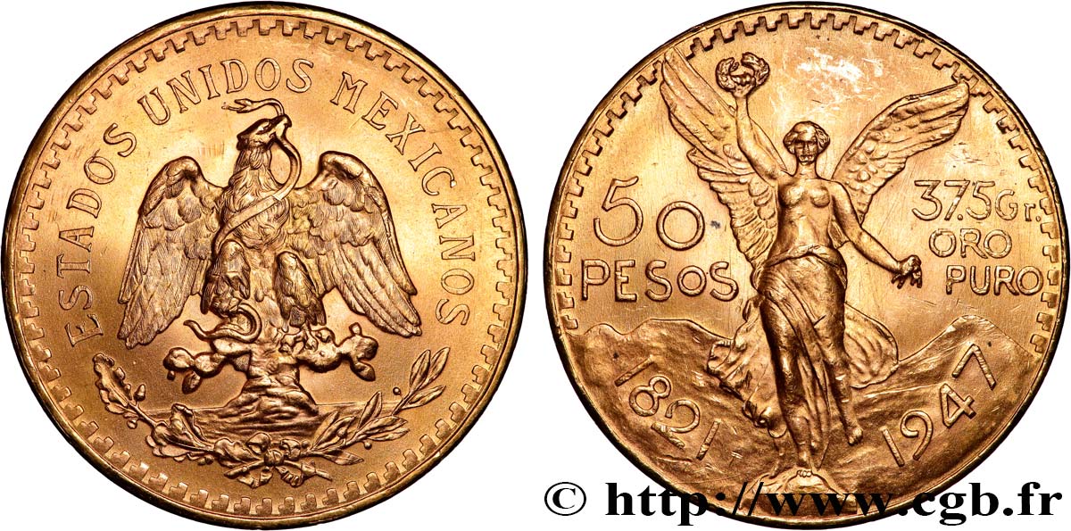 GOLD, PALLADIUM & PLATINUM INVESTMENT 50 Pesos or 1947 Mexico MS 