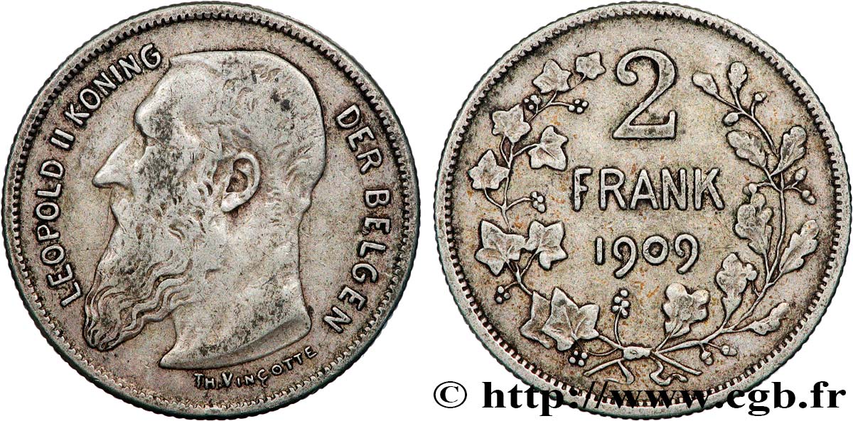 BELGIQUE 2 Frank (Francs) Léopold II légende flamande 1909  TB+ 