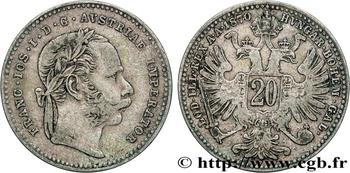 AUTRICHE 20 Kreuzer Empereur François-Joseph Ier tête laurée / aigle bicéphale 1870 Vienne TTB 