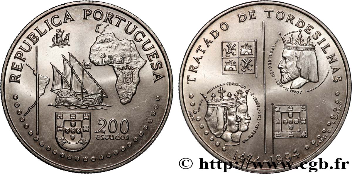 PORTUGAL 200 Escudos Traité de Tordesillas en 1494 1994  AU 