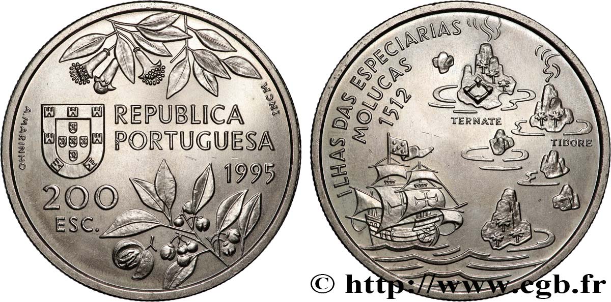 PORTOGALLO 200 Escudos découverte des îles Moluques 1995 Lisbonne MS 