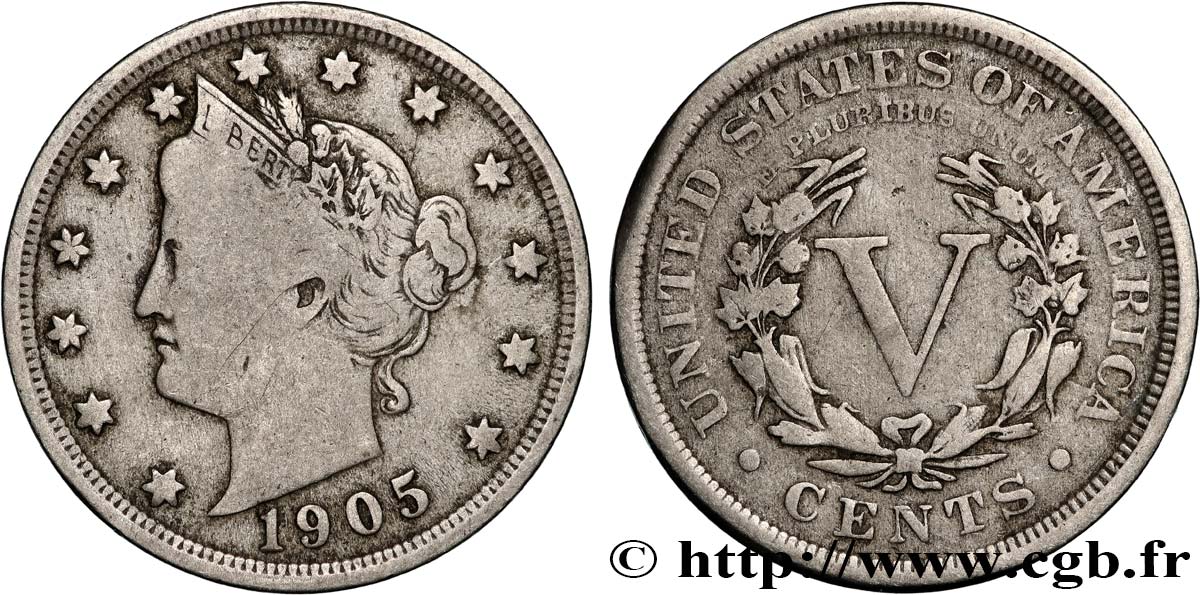 ÉTATS-UNIS D AMÉRIQUE 5 Cents Liberty Nickel 1905 Philadelphie TB 