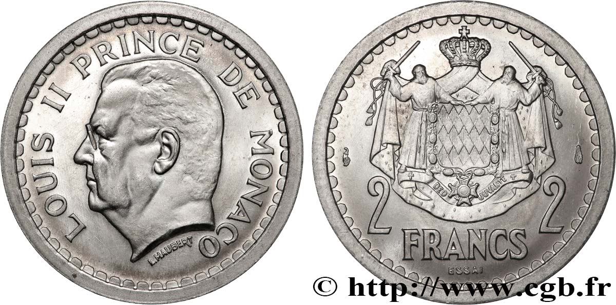 MONACO Essai de 2 Francs aluminium Louis II n.d. Paris ST 