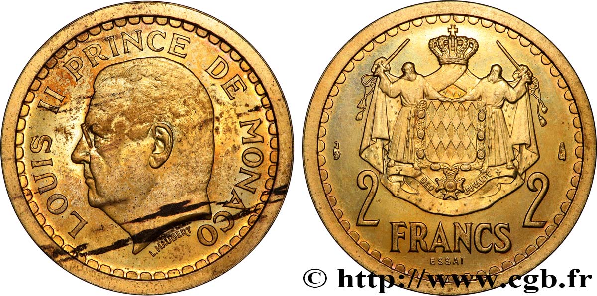 MÓNACO - PRINCIPADO DE MÓNACO - LUIS II Essai de 2 Francs bronze-aluminium n.d. Paris SC 
