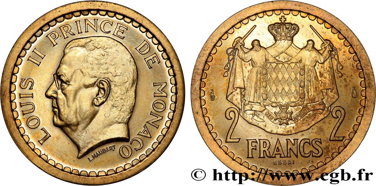 MONACO - PRINCIPAUTÉ DE MONACO - LOUIS II Essai de 2 Francs bronze-aluminium n.d. Paris SPL 