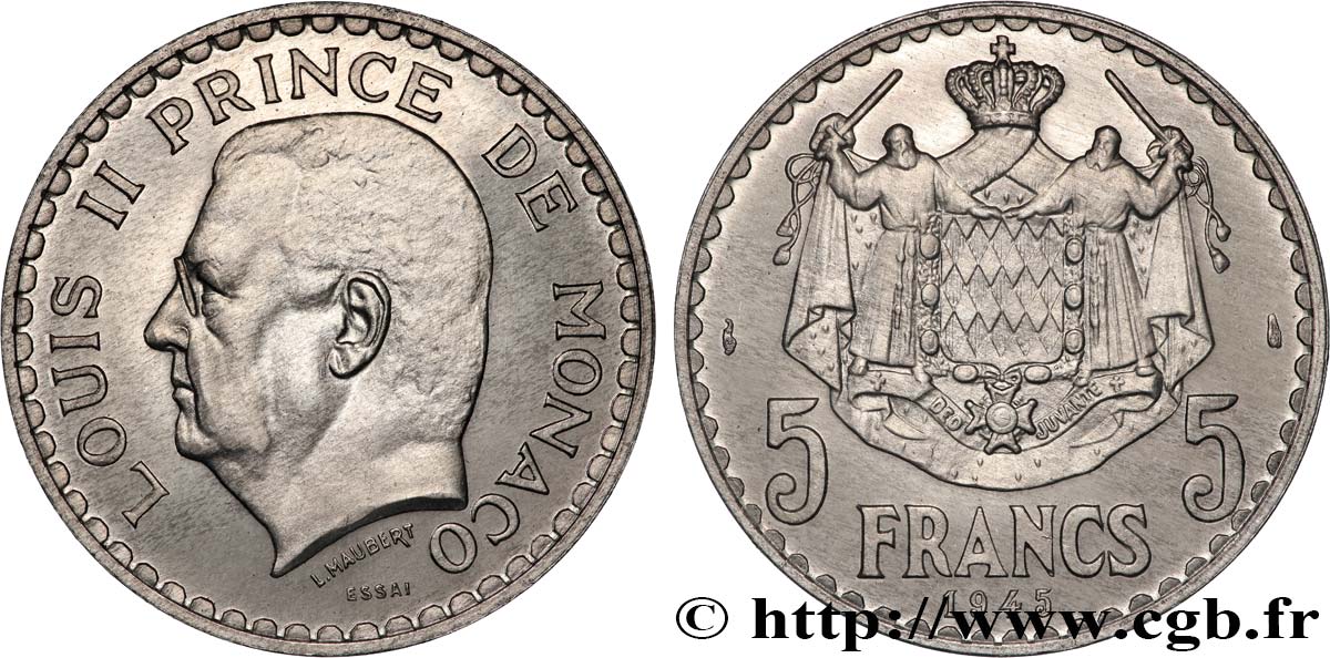 MONACO - PRINCIPALITY OF MONACO - LOUIS II Essai de 5 Francs 1945 Paris MS 