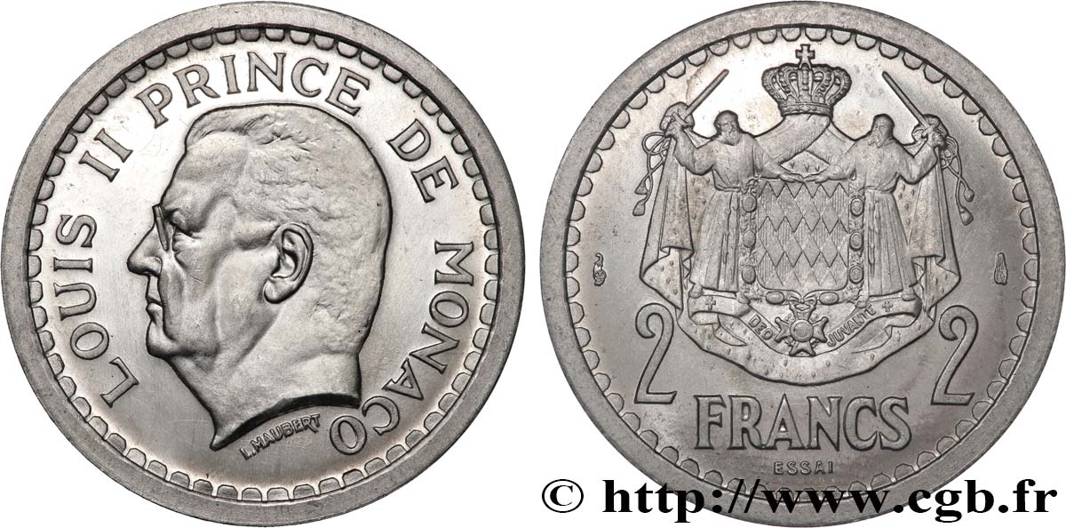 MONACO Essai de 2 Francs aluminium Louis II n.d. Paris FDC 