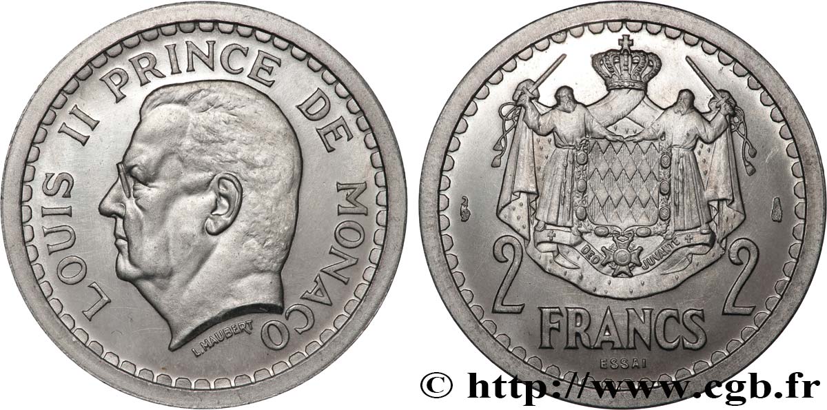 MONACO - PRINCIPALITY OF MONACO - LOUIS II Essai de 2 Francs aluminium  n.d. Paris MS 