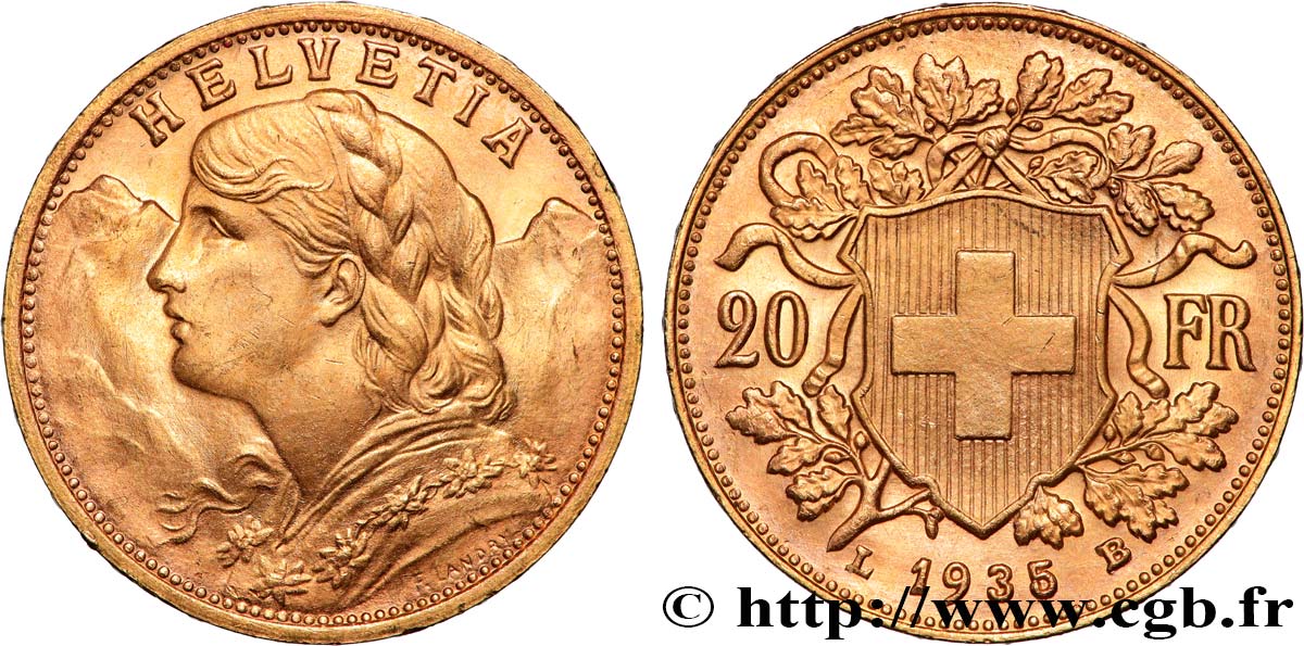 INVESTMENT GOLD 20 Francs  Vreneli  1935 Berne SPL 