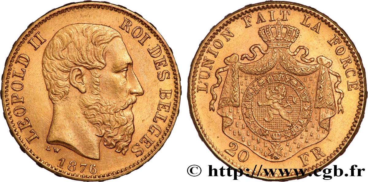 OR, PALLADIUM ET PLATINE INVESTISSEMENT 20 Francs Léopold II 1876 Bruxelles TTB+ 