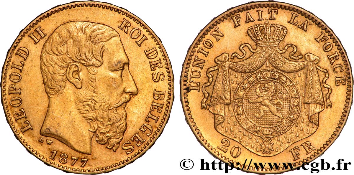 ORO, PALADIO Y PLATINO INVERSIÓN 20 Francs Léopold II 1877 Bruxelles MBC 