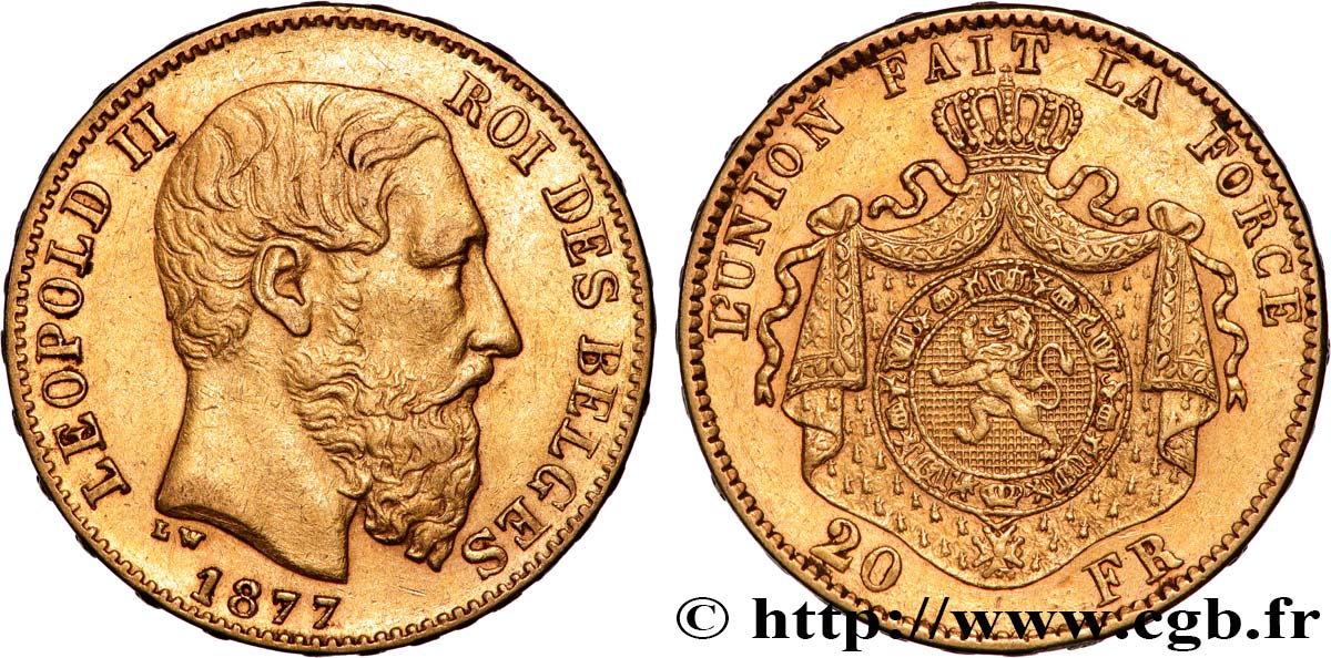 INVESTMENT GOLD 20 Francs Léopold II 1877 Bruxelles q.SPL 