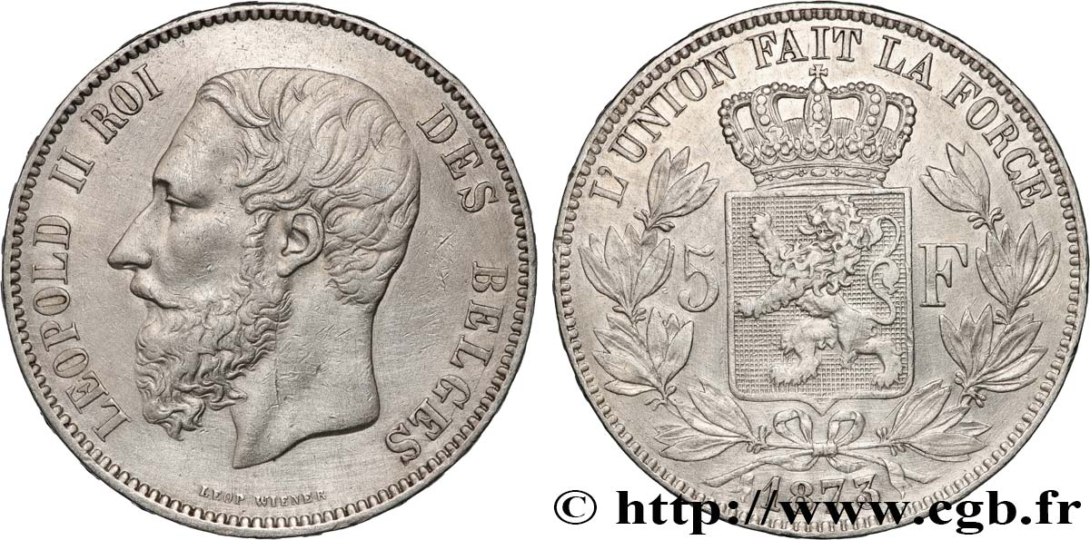 BELGIQUE - ROYAUME DE BELGIQUE - LÉOPOLD II 5 Francs  1873  fVZ 