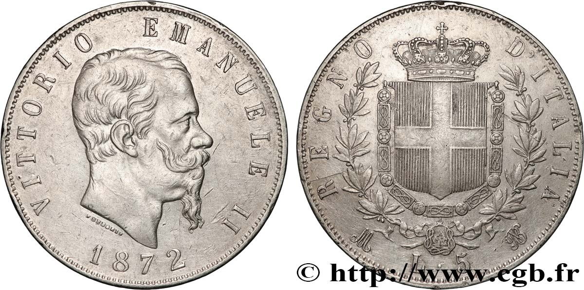 ITALIA 5 Lire Victor Emmanuel II 1872 Milan q.SPL 