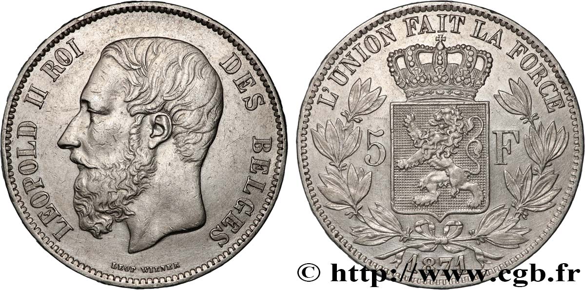 BELGIQUE 5 Francs Léopold II 1871  TTB+ 