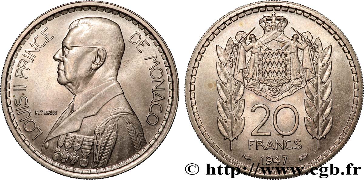 MONACO 20 Francs prince Louis II 1947 Paris SPL 