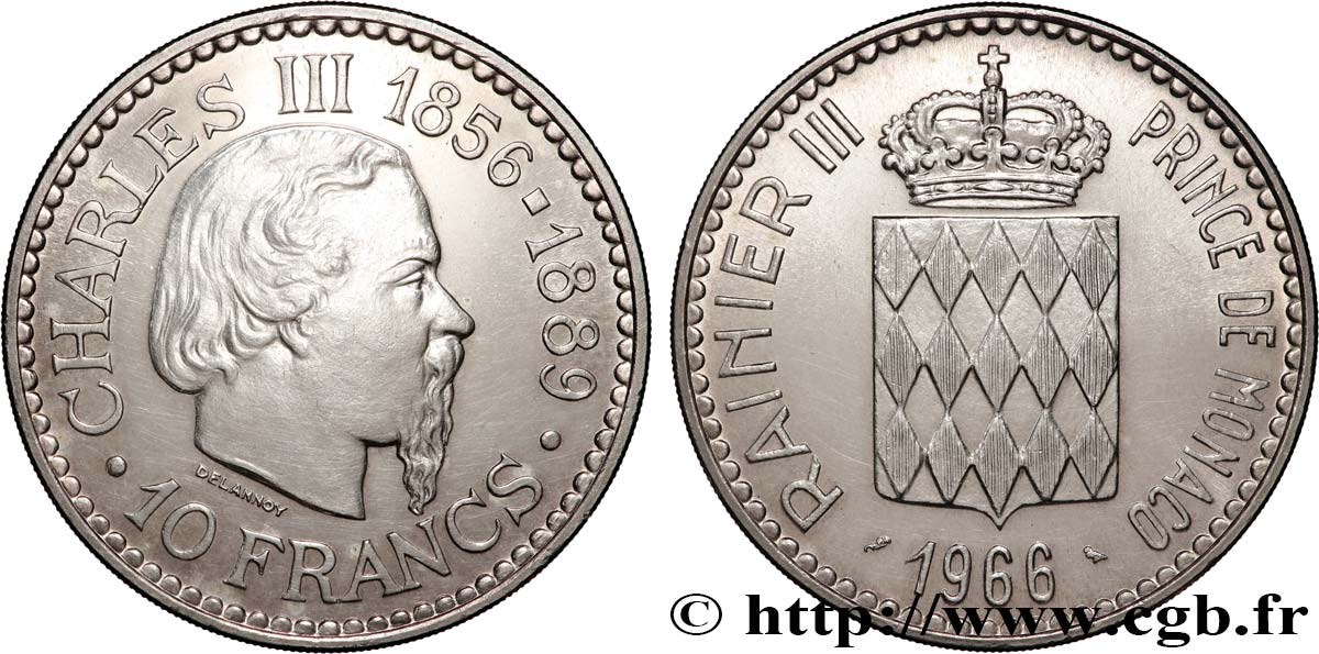 MONACO 10 Francs Charles III 1966 Paris VZ 