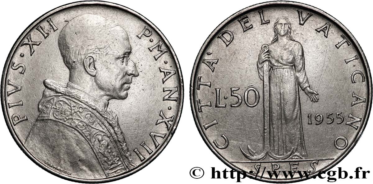 VATICAN AND PAPAL STATES 50 Lire Pie XII an XVII / Spes 1955 Rome - R AU 