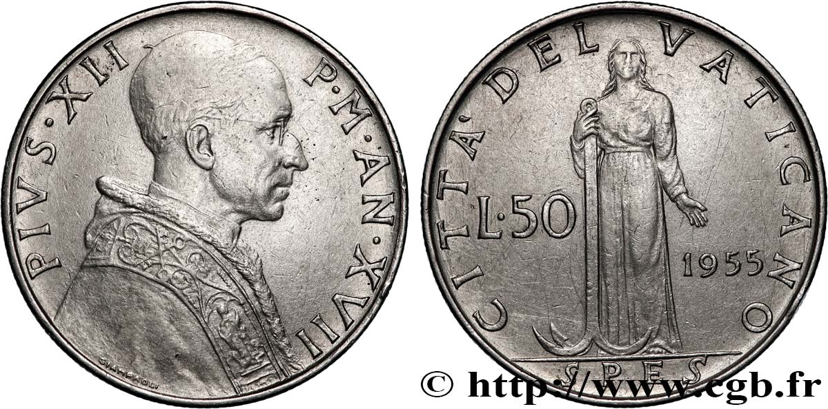 VATICANO E STATO PONTIFICIO 50 Lire Pie XII an XVII / Spes 1955 Rome - R q.SPL 