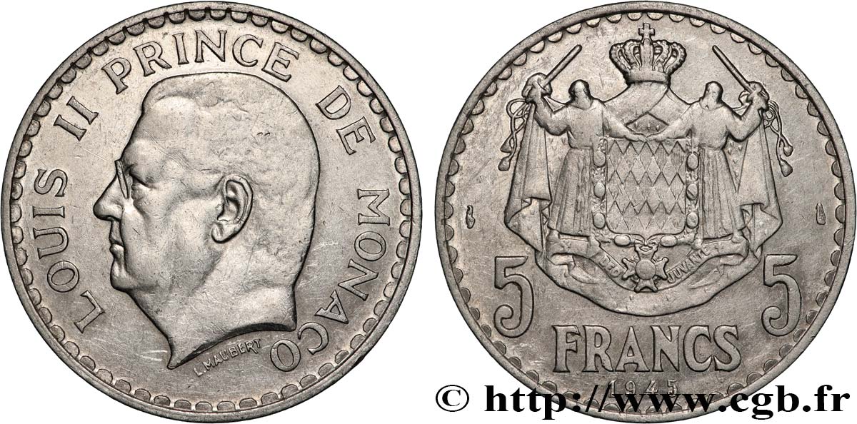 MONACO 5 Francs Louis II 1945 Paris AU 