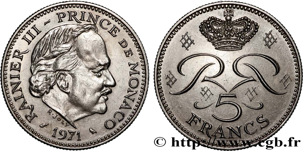 MONACO 5 Francs Rainier III 1971 Paris AU 