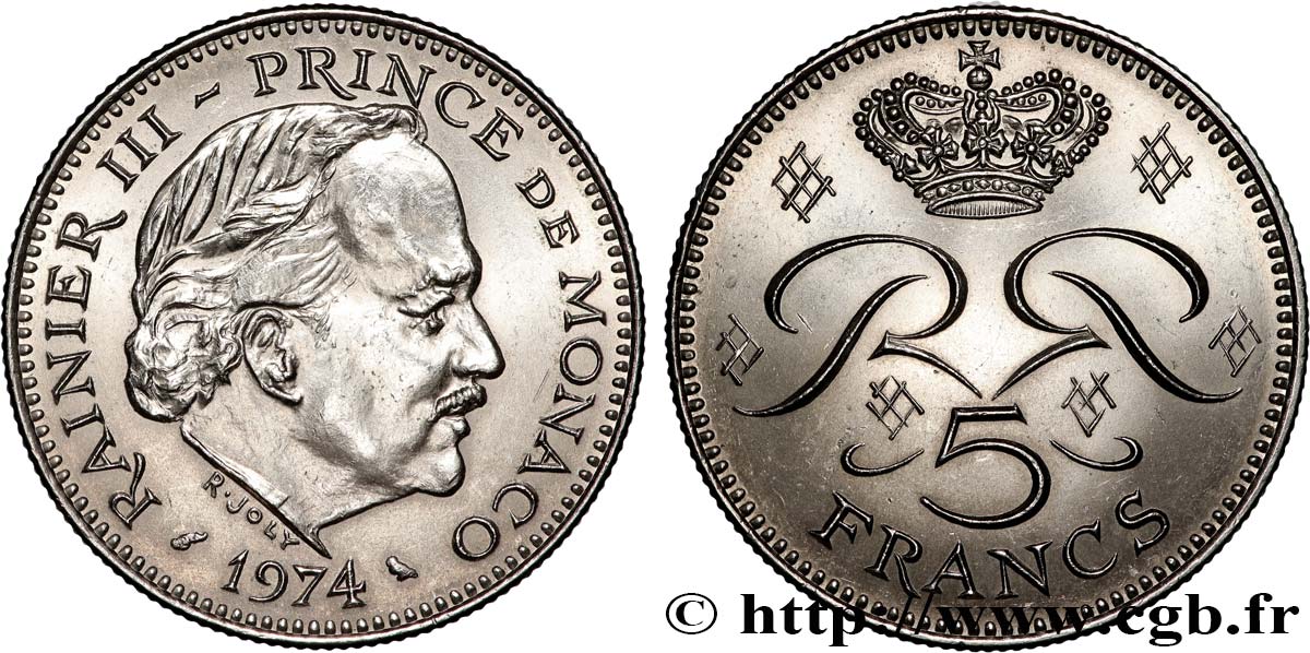 MONACO 5 Francs Rainier III 1974 Paris AU 