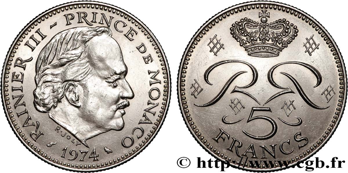 MONACO 5 Francs Rainier III 1974 Paris AU 