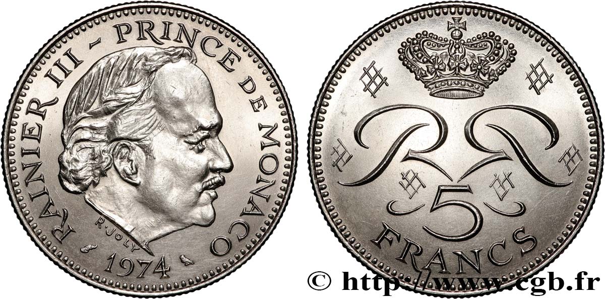 MONACO 5 Francs Rainier III 1974 Paris SPL 