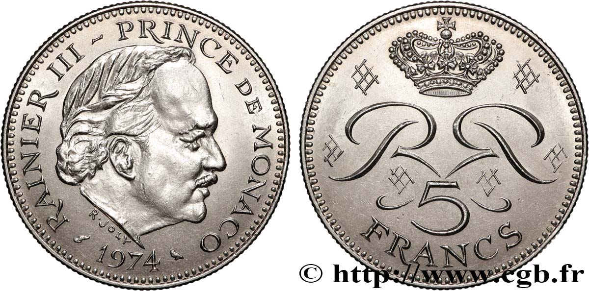 MONACO 5 Francs Rainier III 1974 Paris AU 