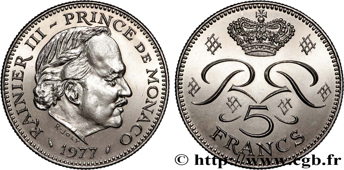 MONACO 5 Francs Rainier III / monogramme couronné 1977 Paris AU 