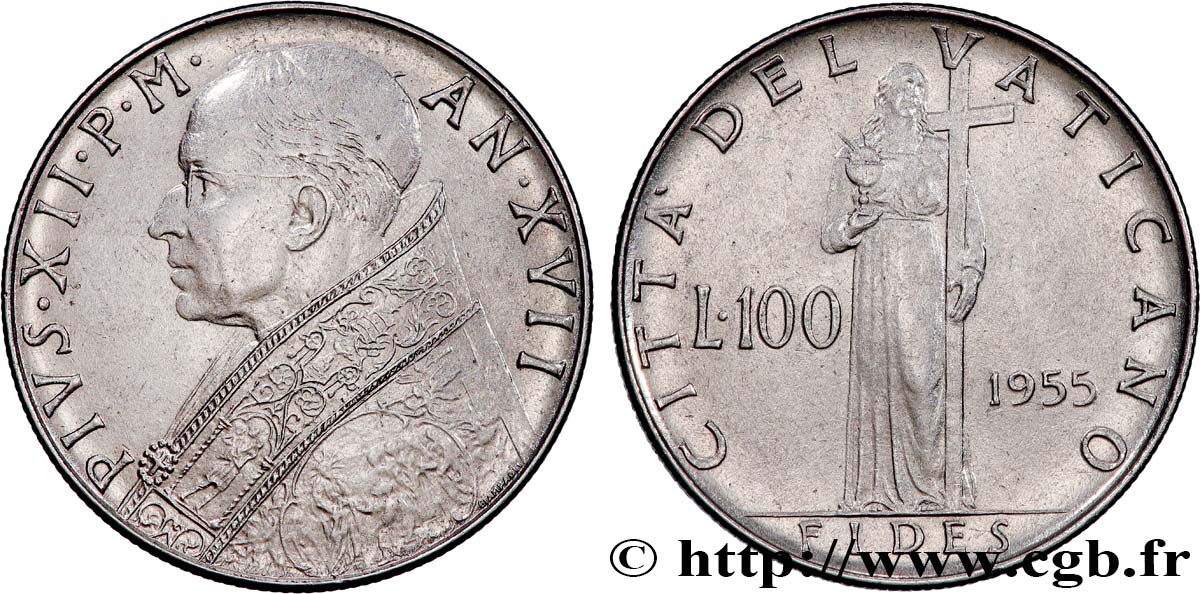 VATICAN AND PAPAL STATES 100 Lire Pie XII an XVII 1955 Rome AU 