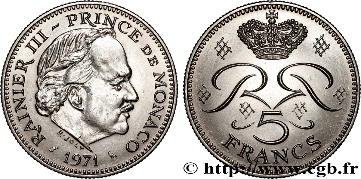 MONACO 5 Francs Rainier III 1971 Paris AU 